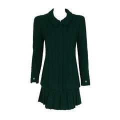 1997 Chanel Runway Forest-Green Boucle Wool Pleated Mini-Skirt & Jacket Suit