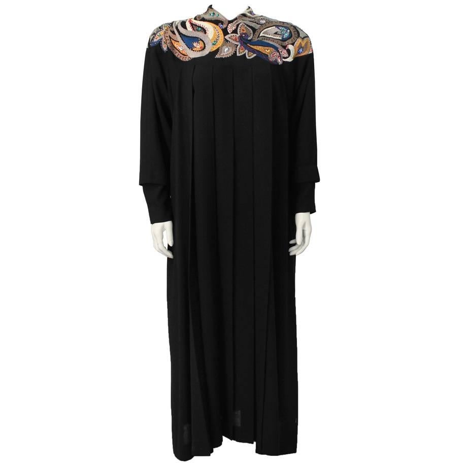 1980's Emmanuelle Khanh Black Wool Gown with Paisley Embroidery For Sale