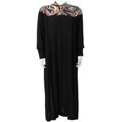 1980's Emmanuelle Khanh Black Wool Gown with Paisley Embroidery