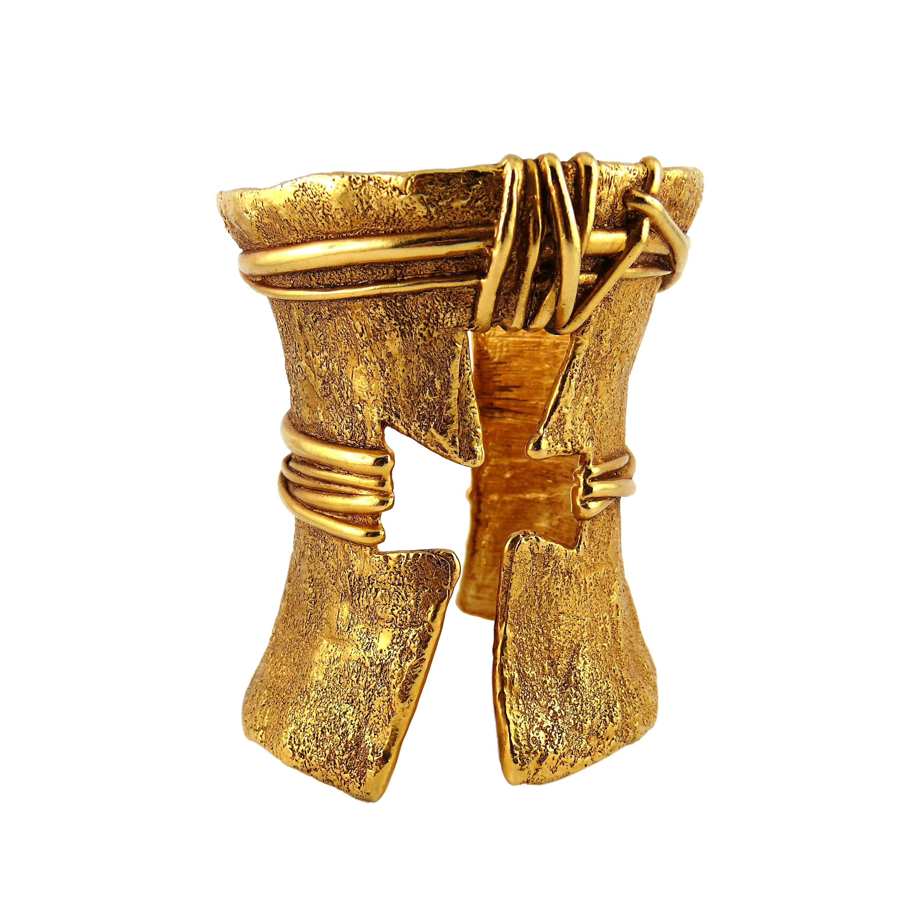 Christian Lacroix Massive Vintage Gold Textured Cut Out Cross Cuff Bracelet