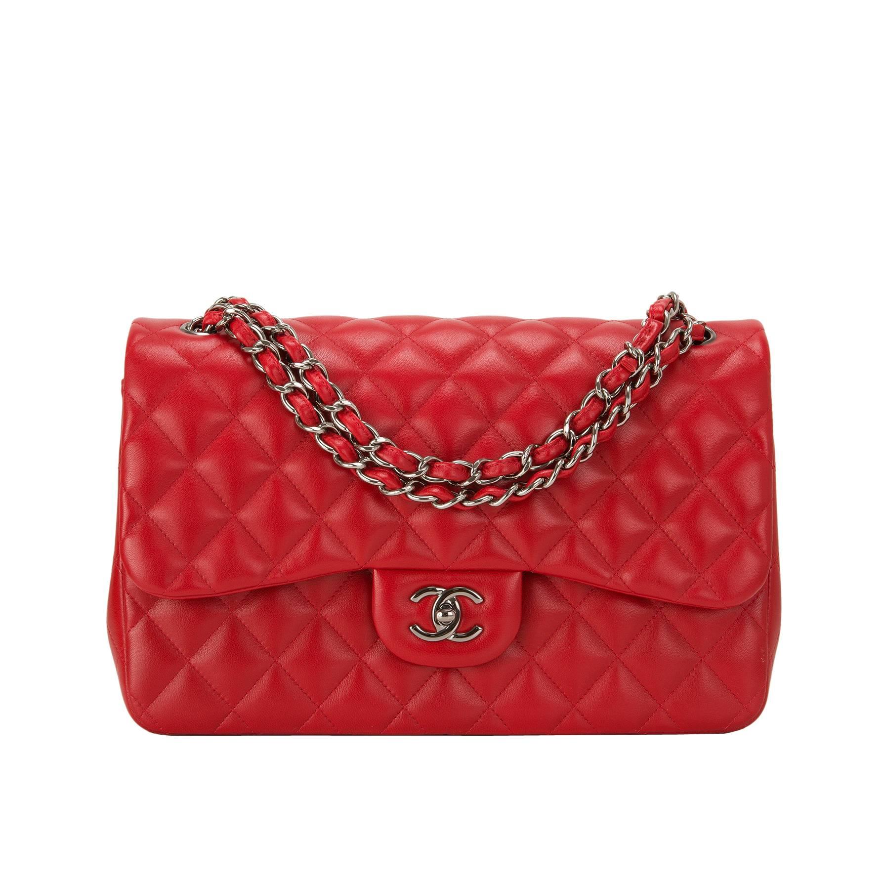 Chanel Red Quilted Lambskin Jumbo Classic Double Flap Bag
