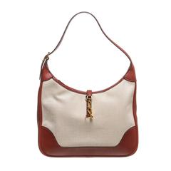 Hermes Beige Toile and Sienna Leather Trim Shoulder Handbag
