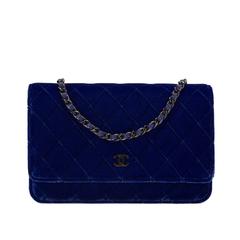 Chanel Electric Blue Velvet Classic Quilted Wallet On Chain (WOC)