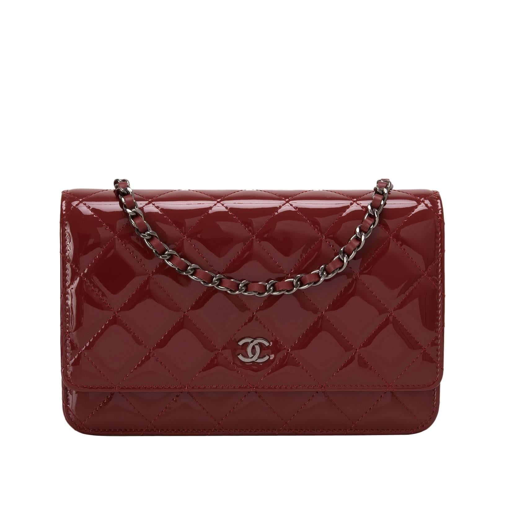 Chanel Dark Red Classic Quilted Patent Wallet On Chain (WOC)
