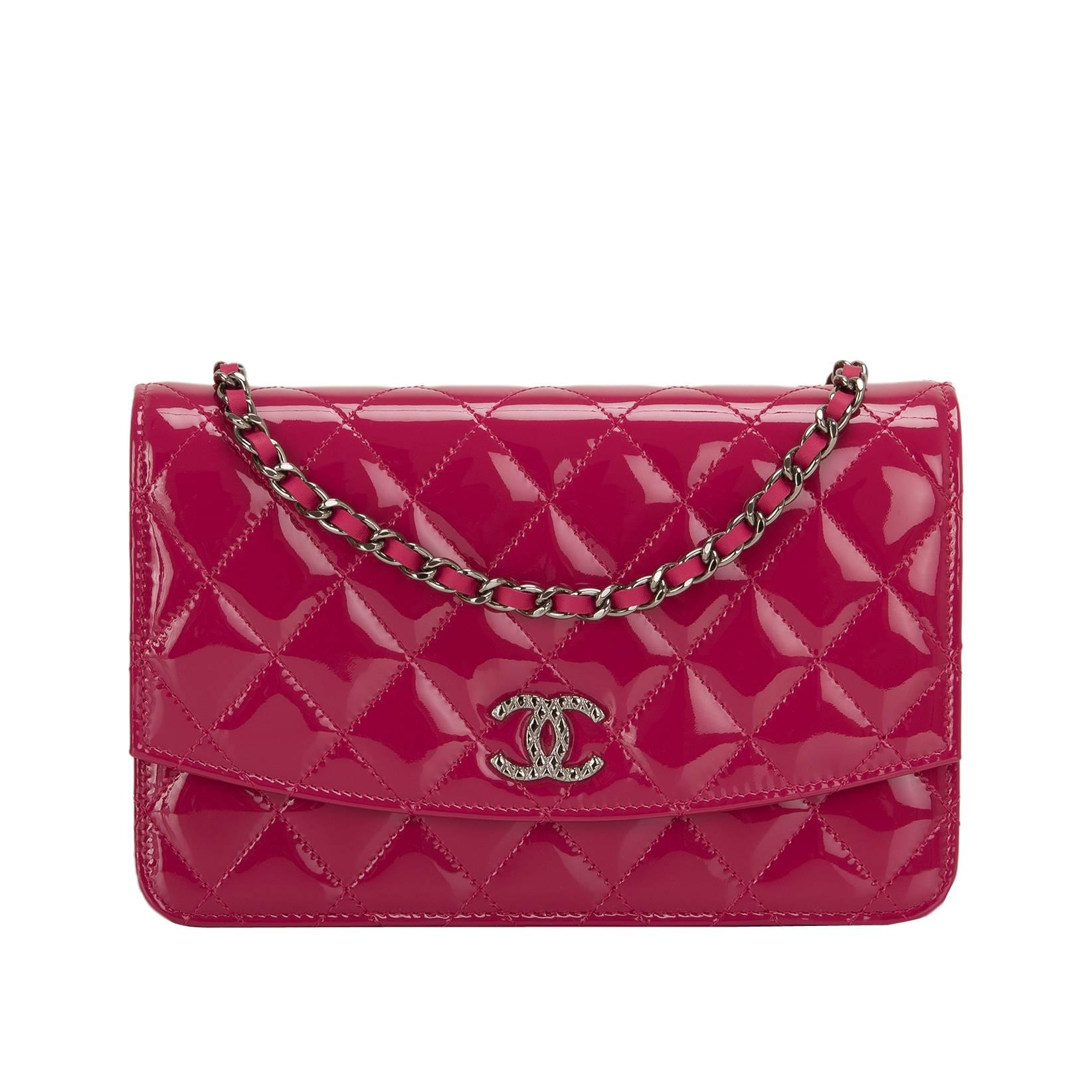 Chanel Dark Pink Quilted Patent CC Wallet On Chain (WOC)