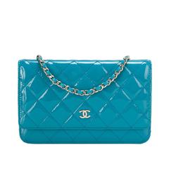 Chanel Turquoise Classic Quilted Patent Wallet On Chain (WOC)