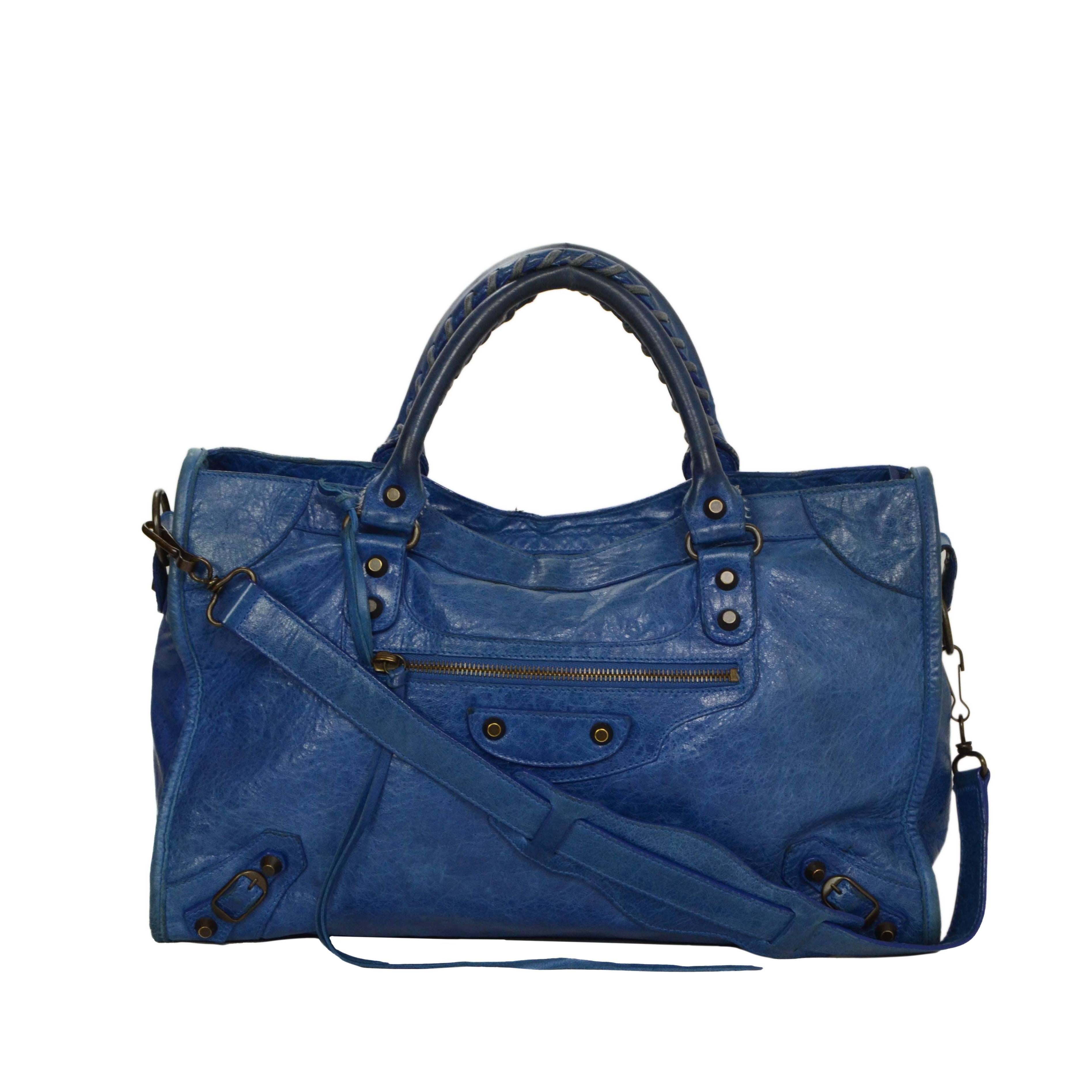 Balenciaga Blue Distressed Leather “City” Bag BHW