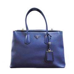 Prada Saffiano Cuir Twin Bag Blue Leather Tote Handbag