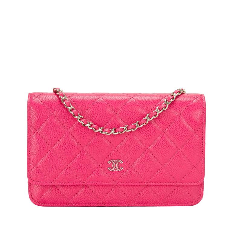 Chanel Fuchsia Pink Classic Quilted Caviar Wallet On Chain (WOC)