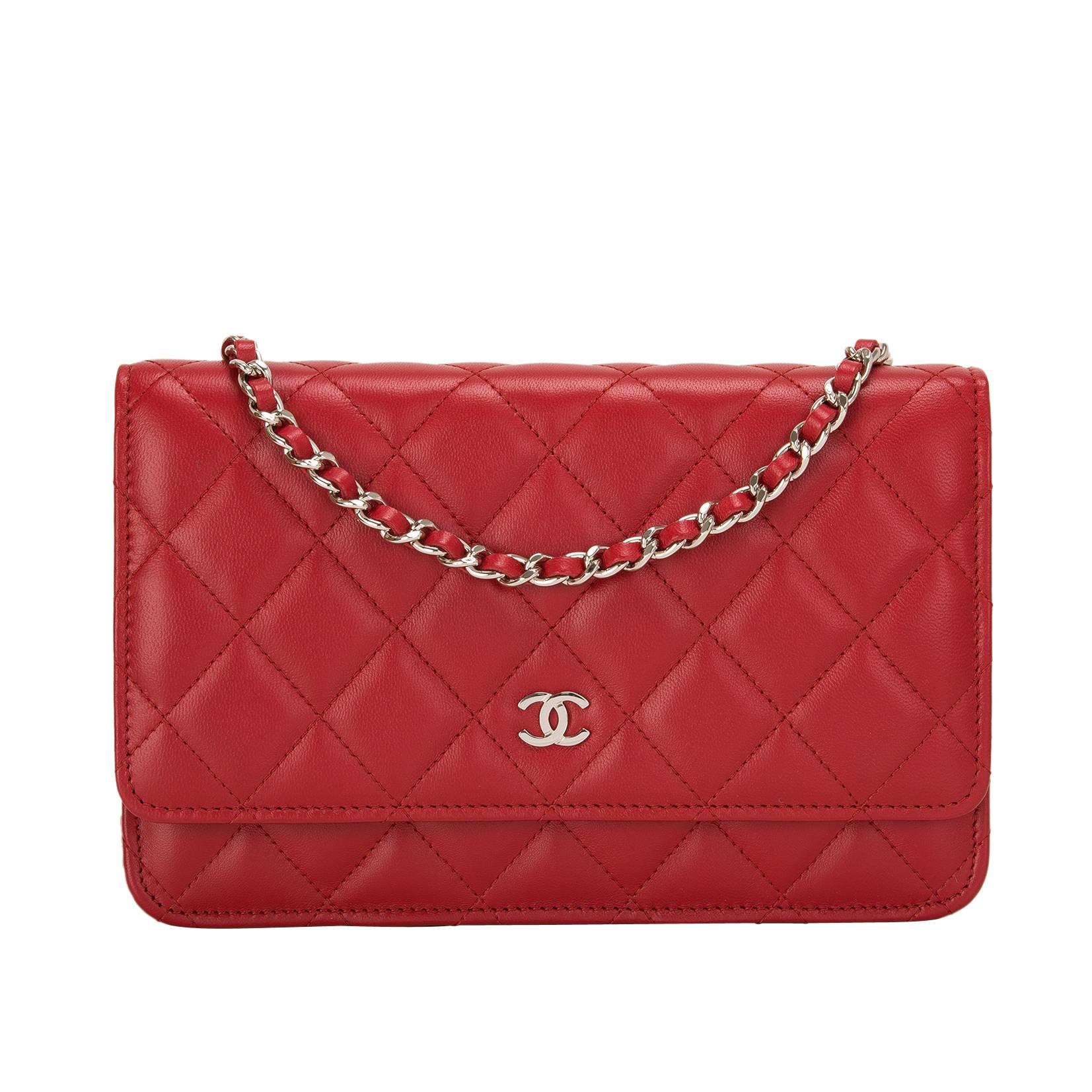 Chanel Red Classic Quilted Lambskin Wallet On Chain (WOC)