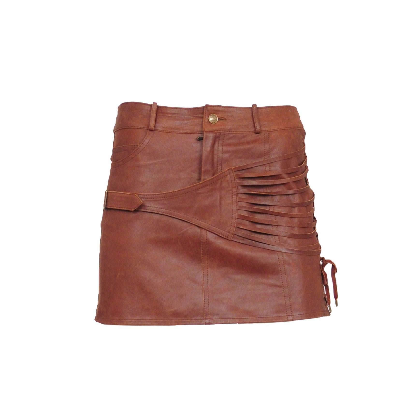 John Galliano Brown Leather Mini Skirt at 1stDibs