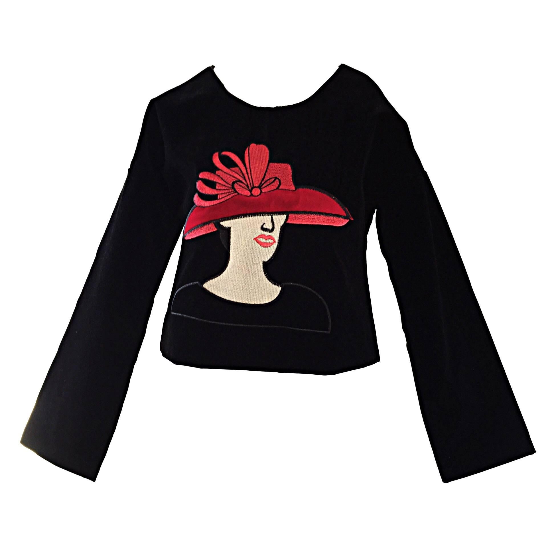 1980s Vintage 80s Novelty Velvet Crop Top Blouse w/ Lady in Red Hat  For Sale