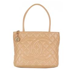 Retro 1990s Chanel Beige Quilted Caviar Leather Iconic Medallion Tote