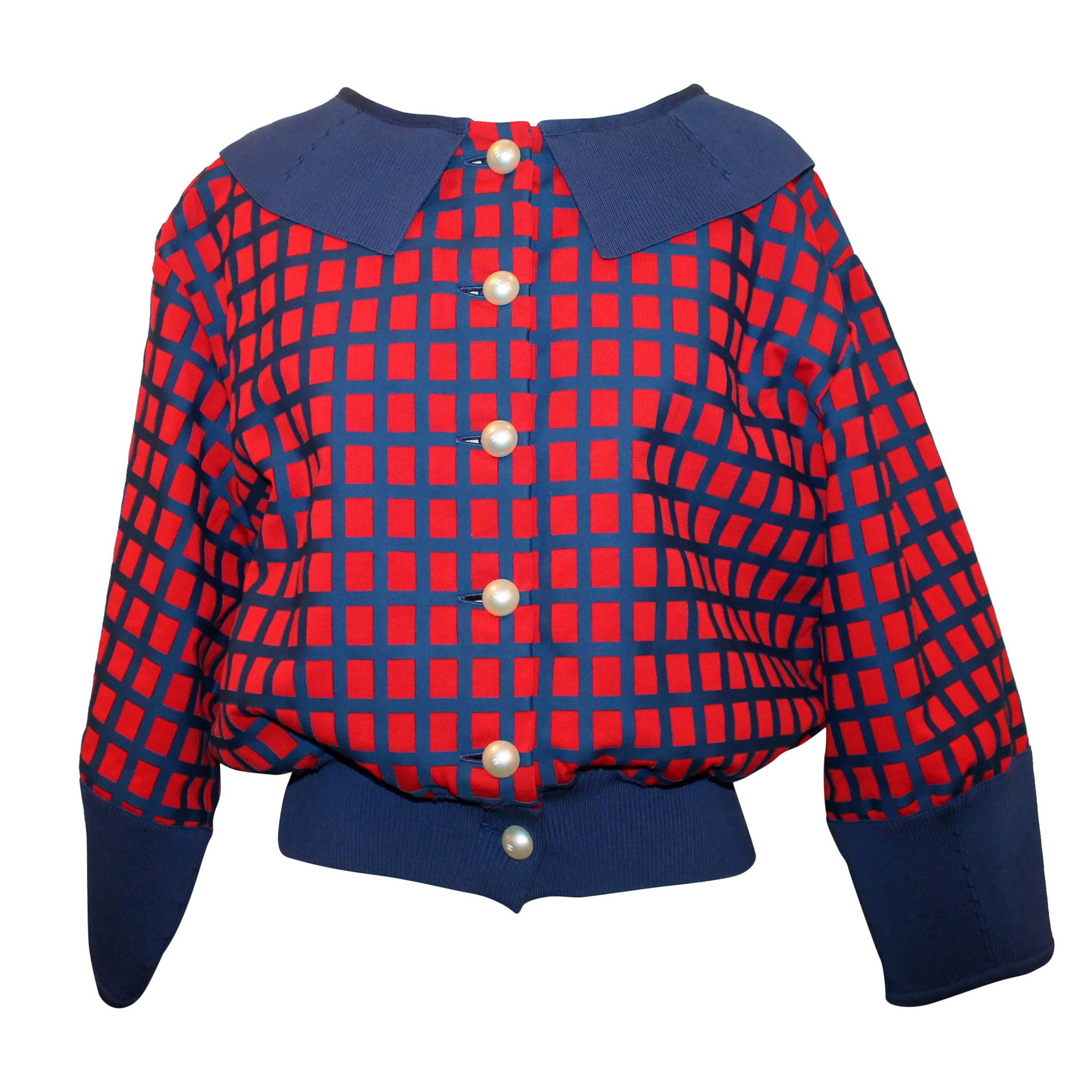 Chanel Red and Blue Windowpane Print Jacket w/ Pearl Buttons - 42