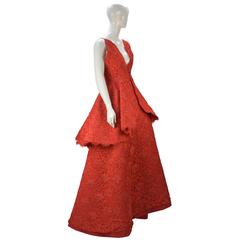 1995 Nina Ricci Couture Red Corded Lace Evening Gown