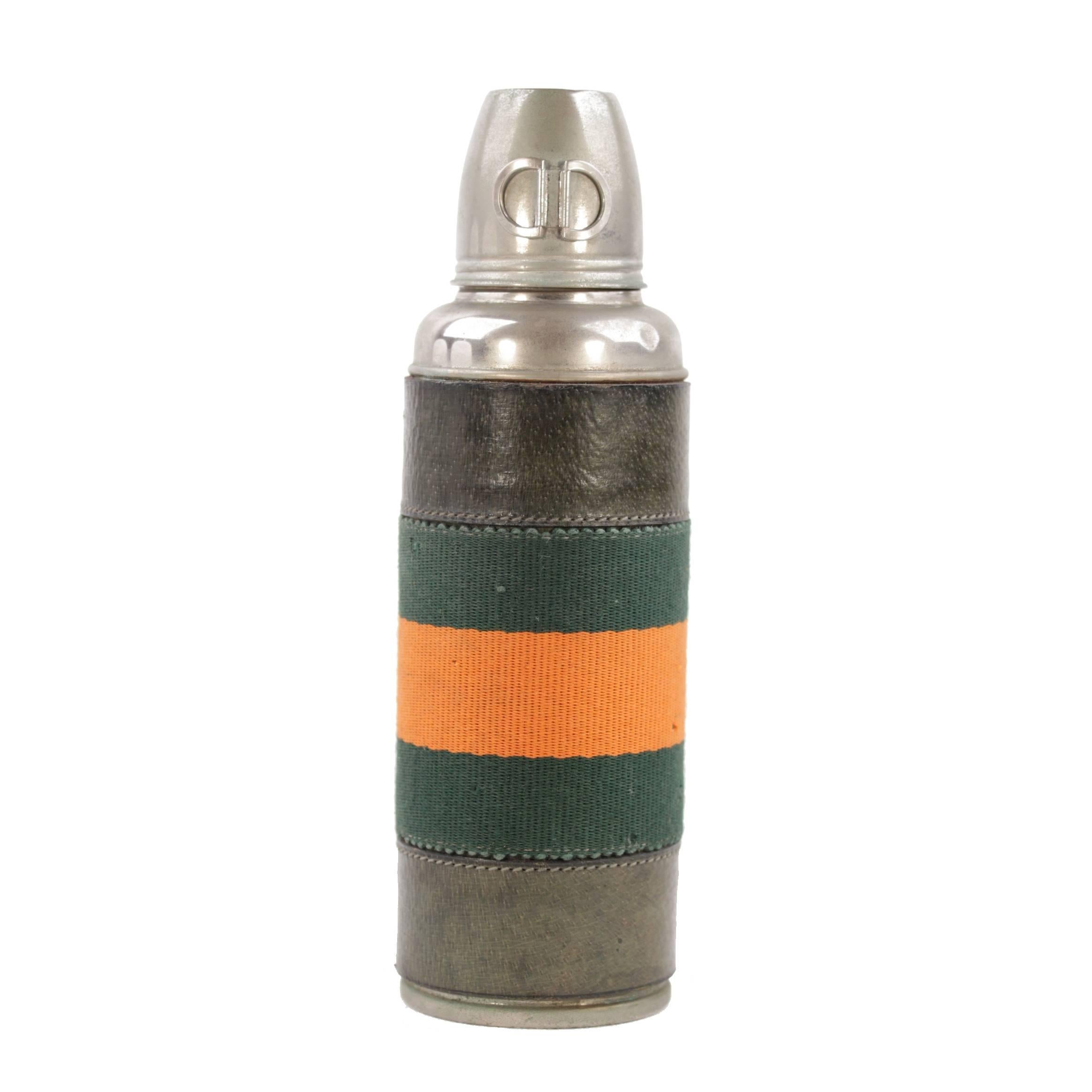 GUCCI Italian VINTAGE Green Leather THERMOS Vacuum Flask BARWARE w/ STRIPES 