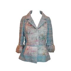 2013 Chanel Blue & Pink Tweed Jacket w/ Removable Ruffle on Cuff and Center - 44