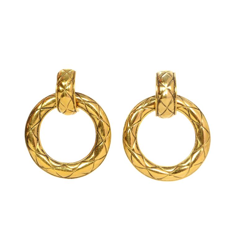 Chanel Vintage ‘70s Gold Quilted Hoop Clip On Earrings