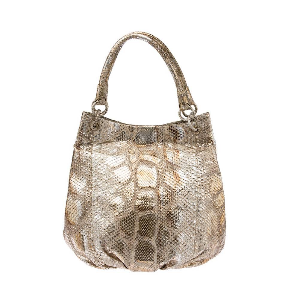 2000s Nancy Gonzalez Gold and Silver Metallic Python Molurus Shoulder Bag For Sale