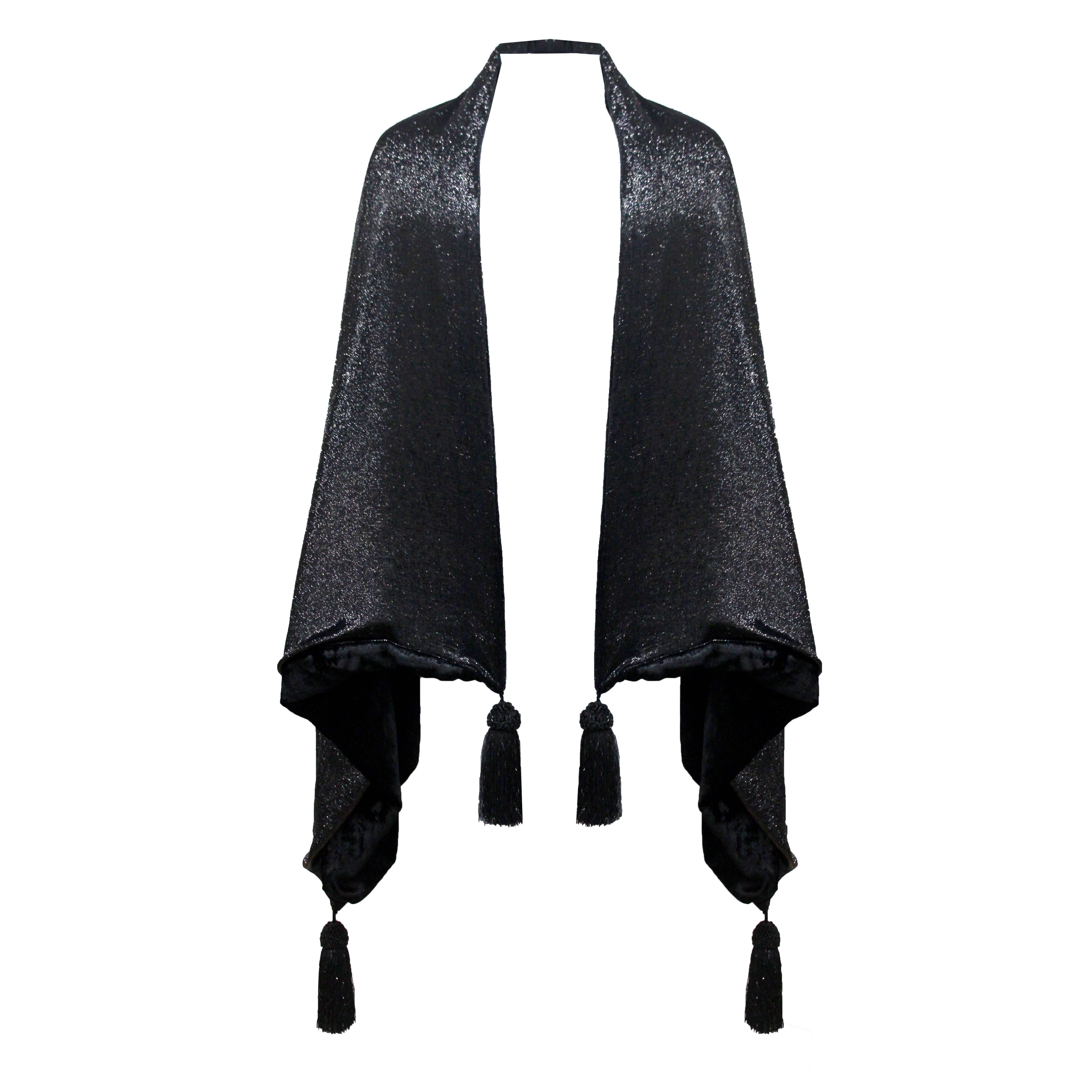 1990s Gianfranco Ferre black velvet and lurex evening large shawl with tassels