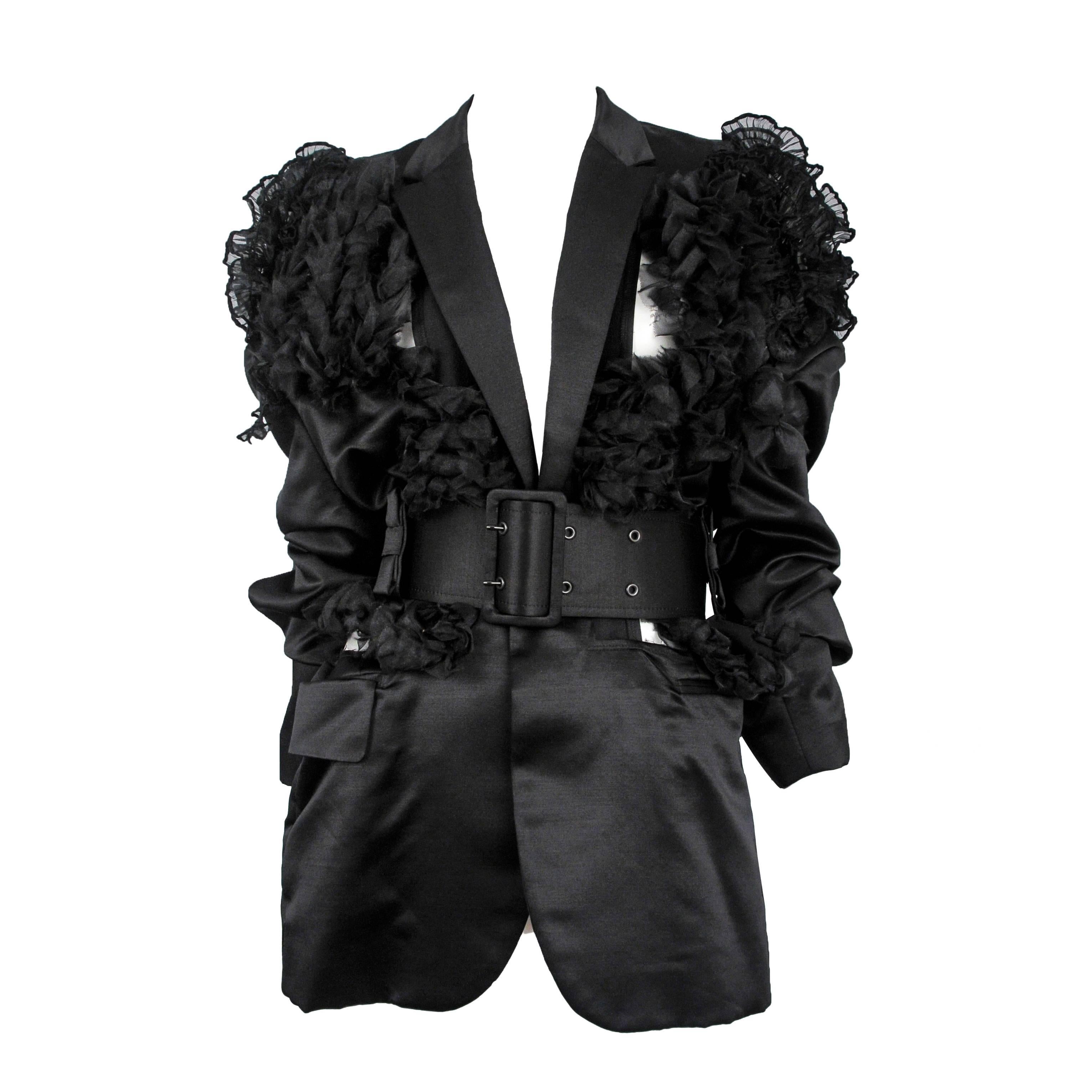 Comme De Garcons Black Satin Ruffle Blazer 