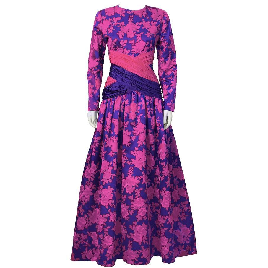 1980's Peter Keppler Pink & Purple Floral Print Ball Gown