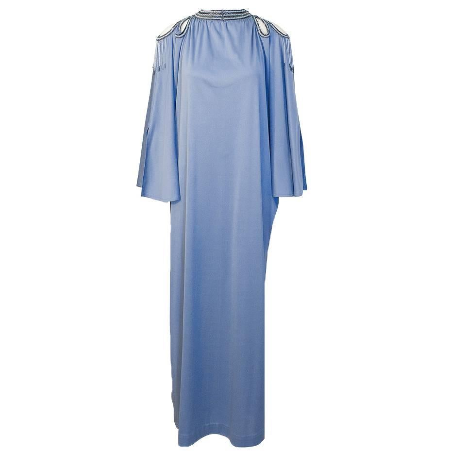 1970's Frank Usher Blue Kaftan with Black and Blue Beading at 1stDibs