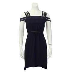 1990's Versus by Versace Navy Cage Dress with Black Leather Accents 