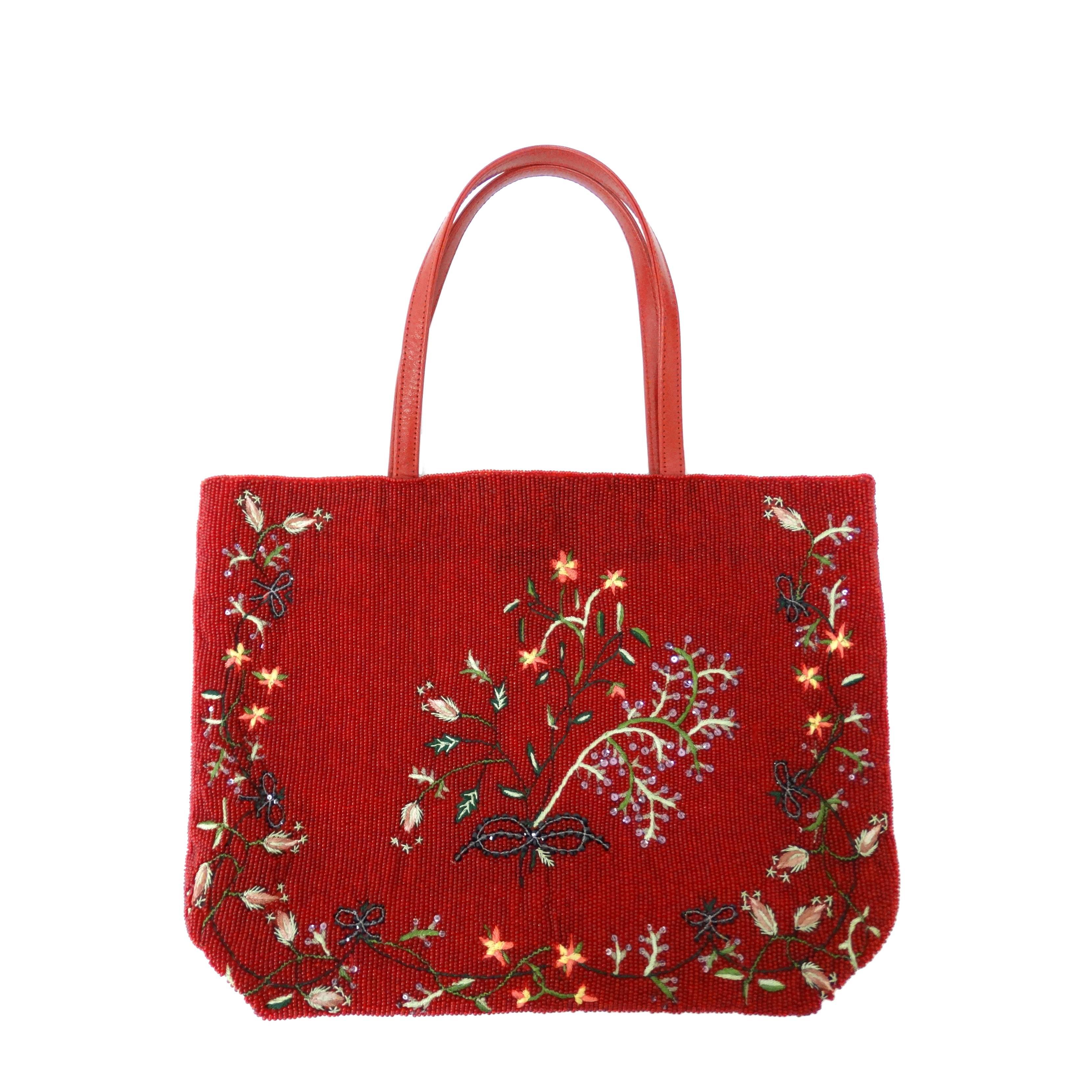 1999 Valentino Red Beaded Tote Bag 