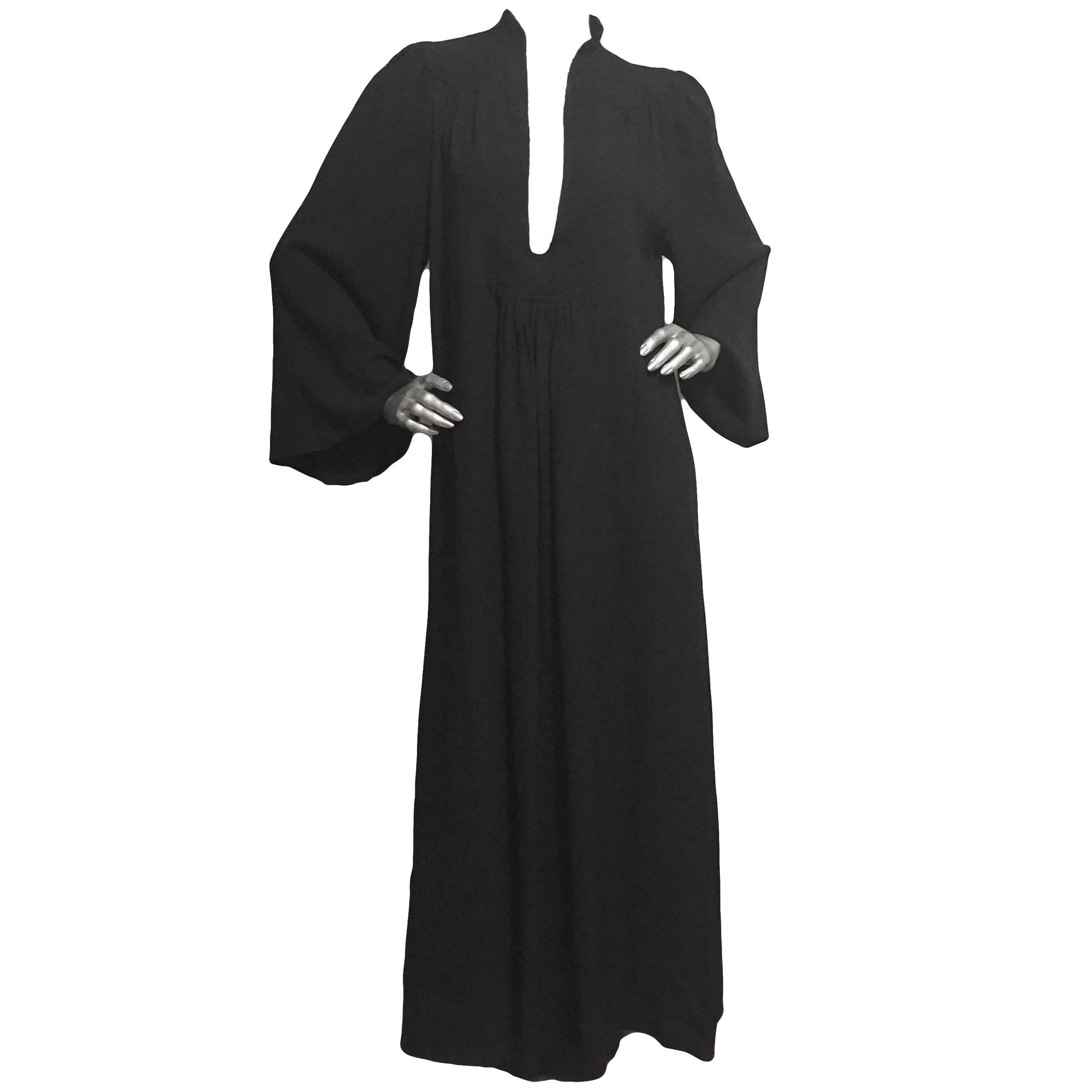 Ossie Clark Black Moss Crepe Dress with Plunging Neckline, 1970s For Sale