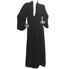 Retro Ossie Clark Black Moss Crepe Dress with Plunging Neckline, 1970s