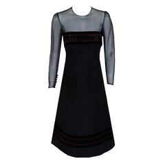 Vintage 1968 Pierre Balmain Black Silk-Faille Sheer Illusion Ribbon-Weave Cocktail Dress
