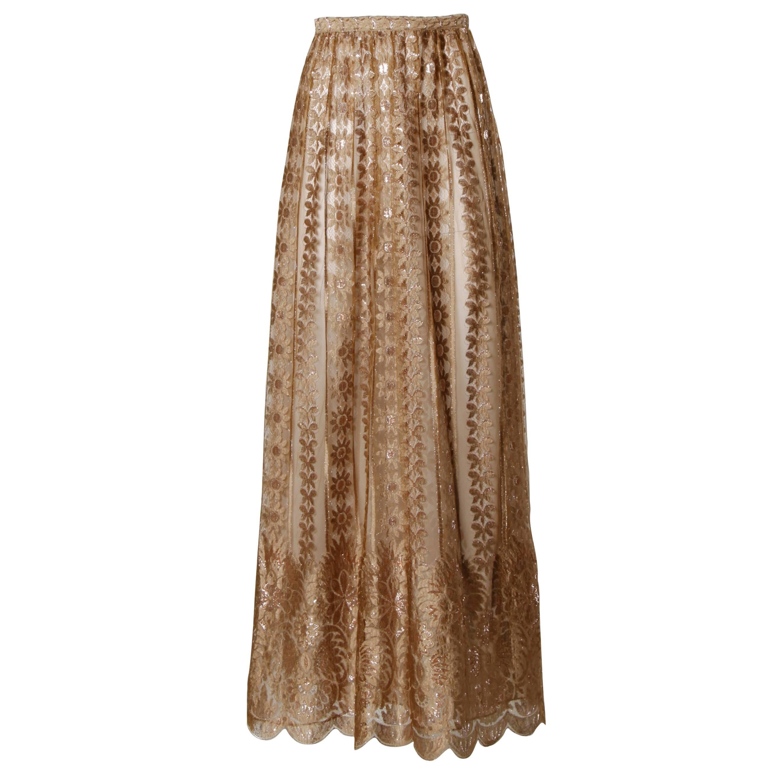 Jill Richards Vintage Scalloped Metallic Copper + Taupe Lace Maxi Skirt