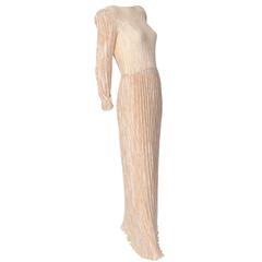 Mary McFadden Dress Pleated Silk Vintage Evening Gown Gold Macrame Open Back 12