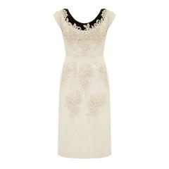 1950s/ 1960s Henry A Conder Embellished Ivory Linen Vintage Dress