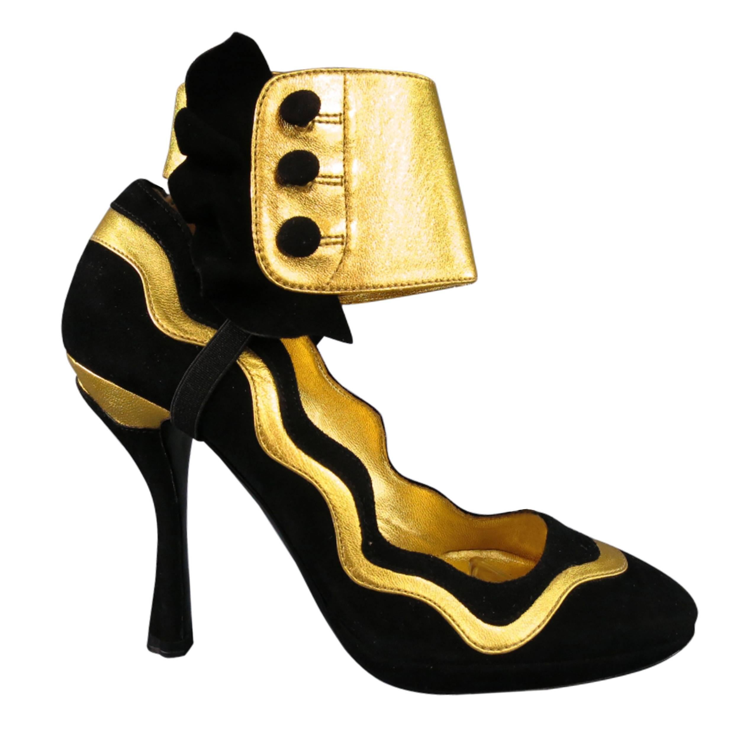 Prada Black and Gold Suede Ankle Ruffle Cuff Metallic Pumps S / S 2008