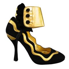 PRADA Size 6 Black & Gold Suede Ankle Ruffle Cuff Metalic Pumps SS 2008 9