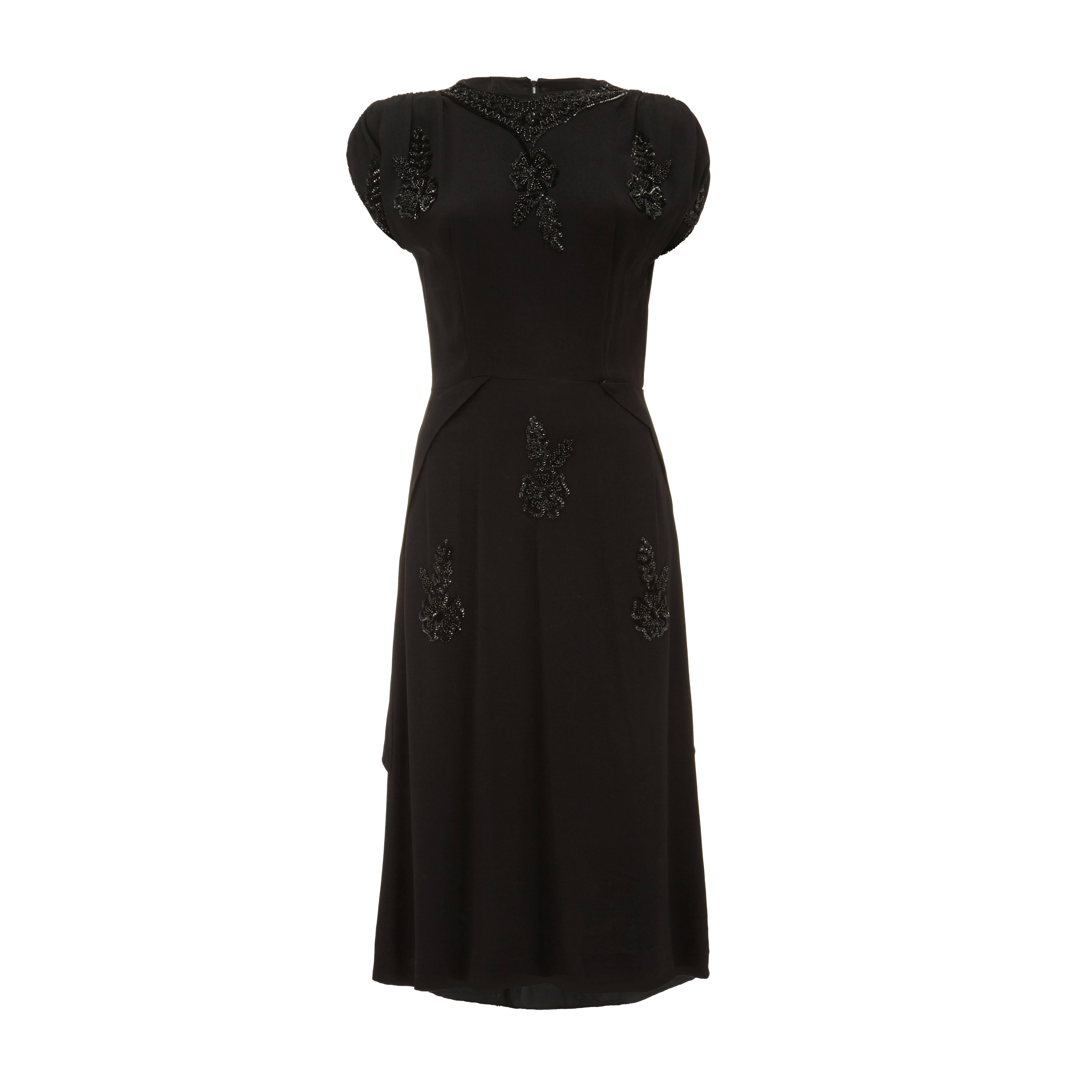 1940s Black Crepe Vintage Dress with Floral Beading 