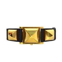 Hermes Schwarz Epsom & Gold Medor Uhr