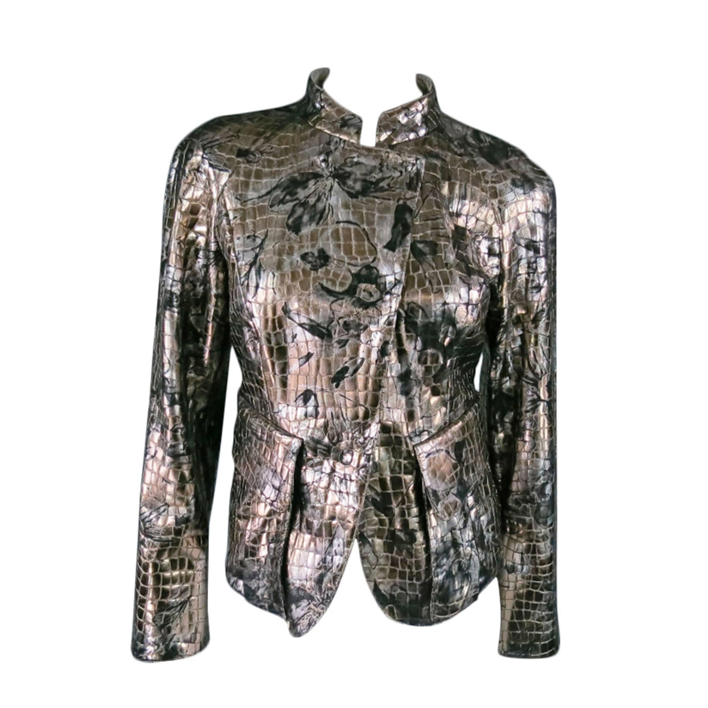 GIORGIO ARMANI Size 6 Silver floaral Crocodile Textured Metallic Leather Jacket