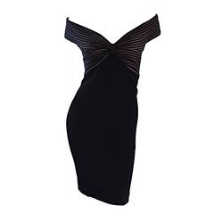 1990s Vintage Tadashi Shoji Black + Nude 90s Sexy Body Con Dress LBD