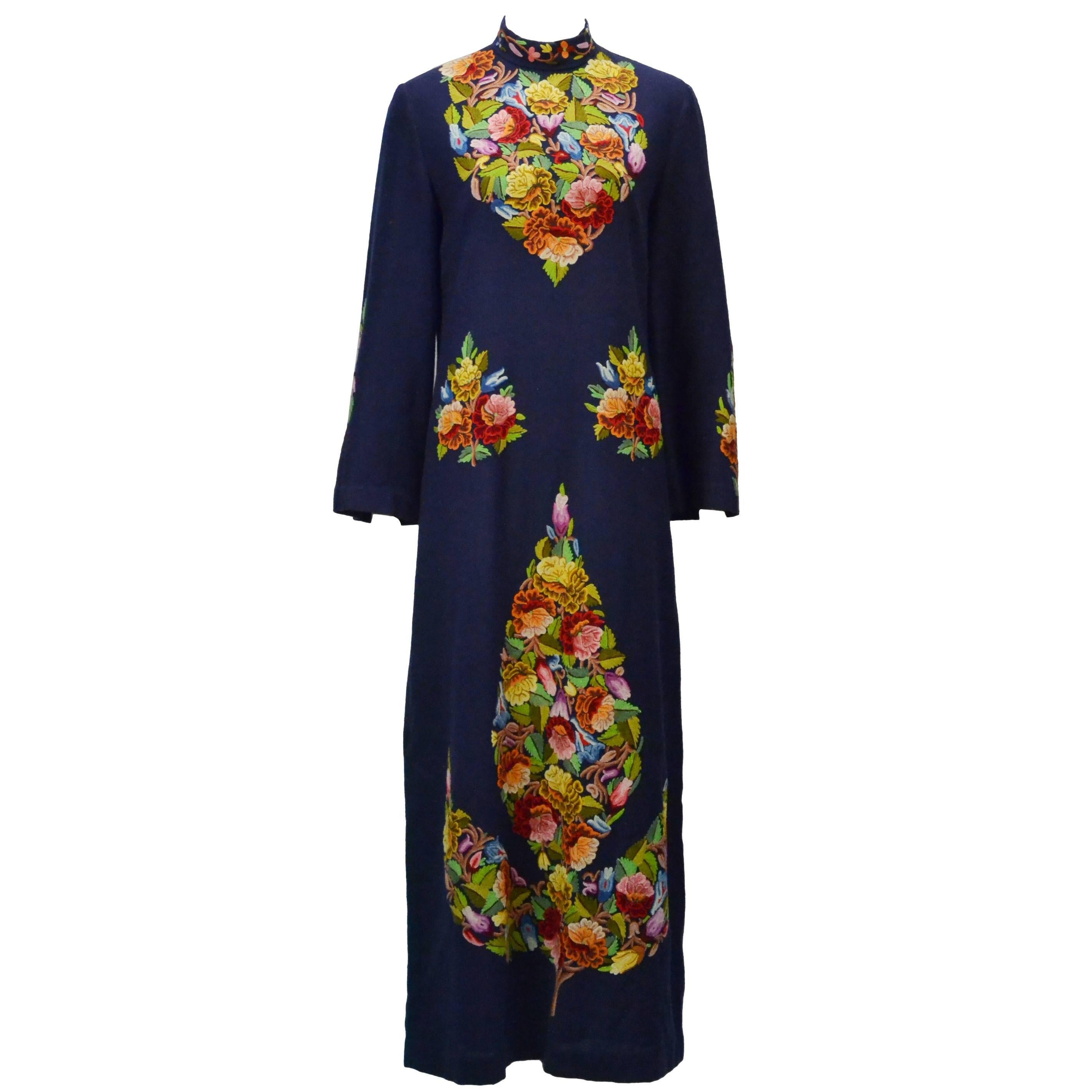 1970s Navy Blue Crewel Embroidered Lined Wool Kaftan 