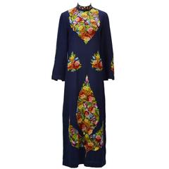 1970s Navy Blue Crewel Embroidered Lined Wool Kaftan