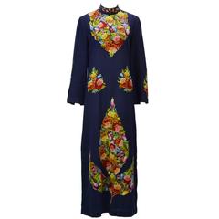 Vintage 1970s Navy Blue Crewel Embroidered Lined Wool Kaftan 