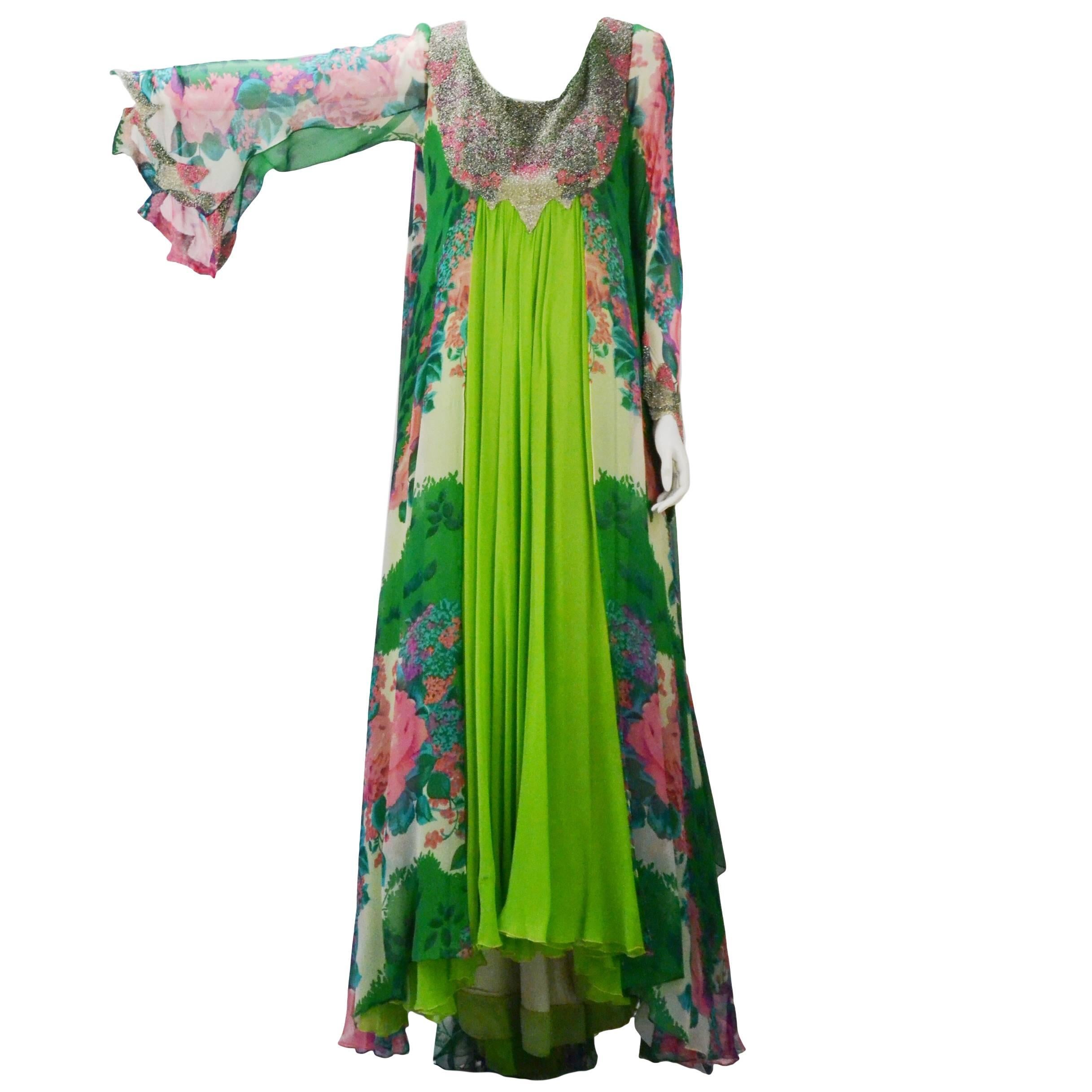 Beaded Green Floral Layered Dress For Sale