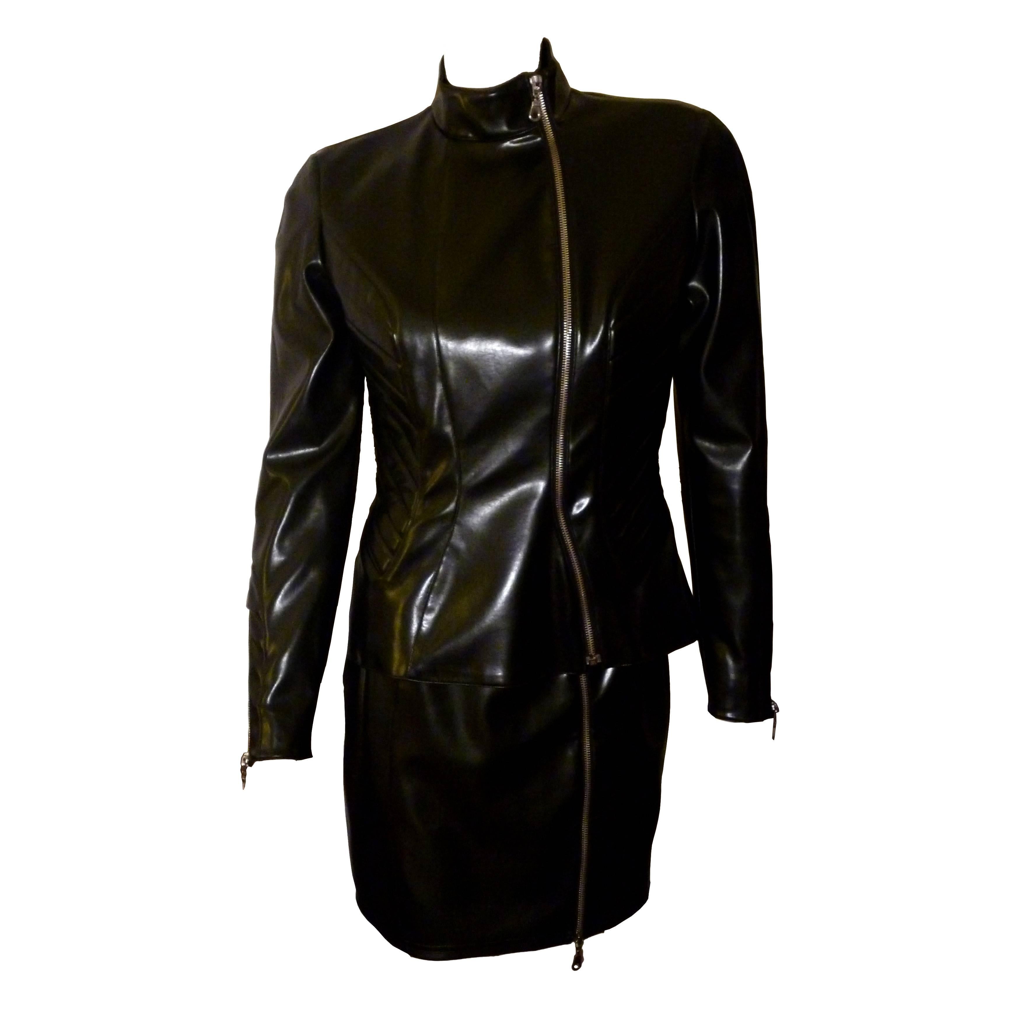 Thierry Mugler Vintage Black Rubber Jacket and Skirt Suit
