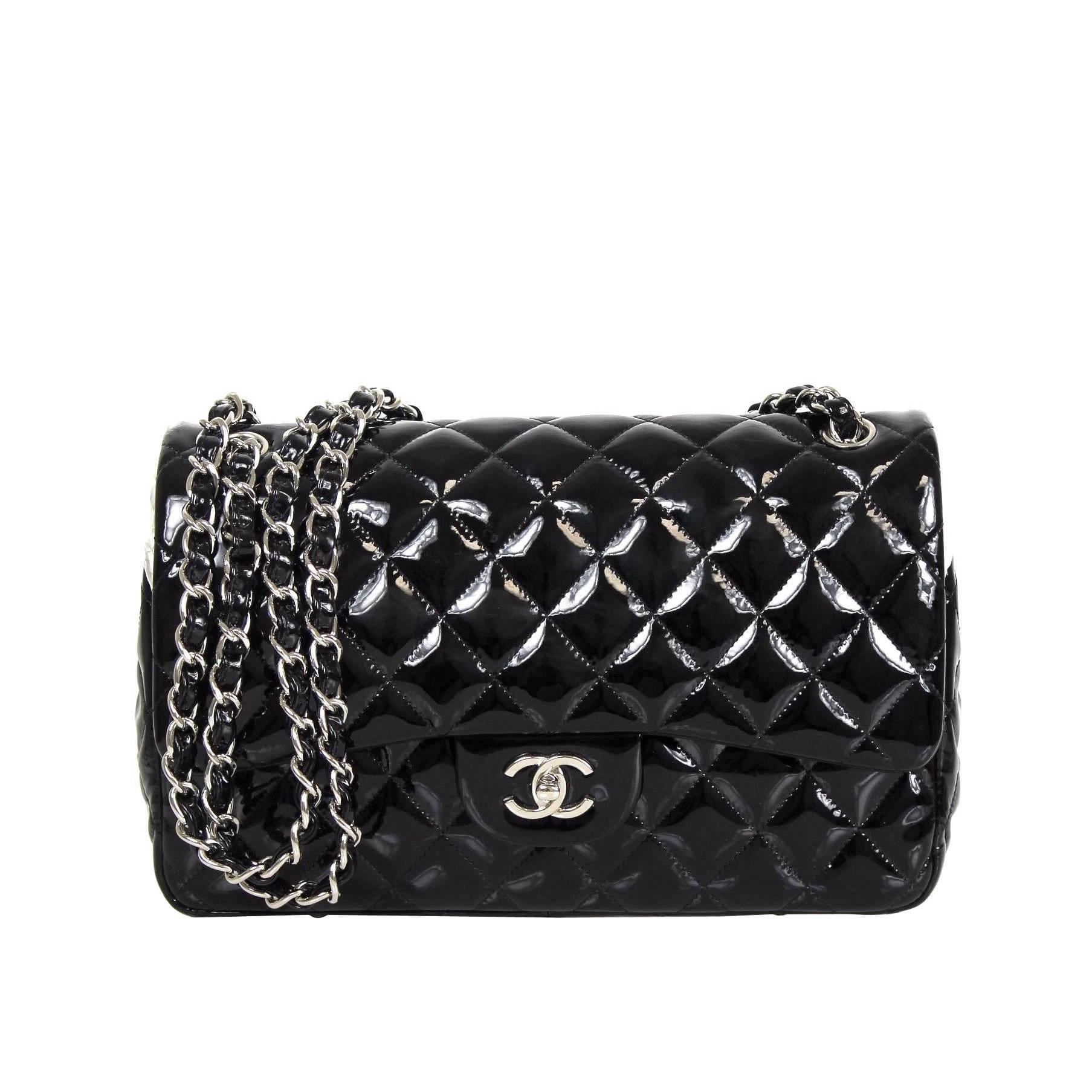 Chanel Black Classic Quilted Pastent Leather Double Flap Jumbo Shoulder Bag