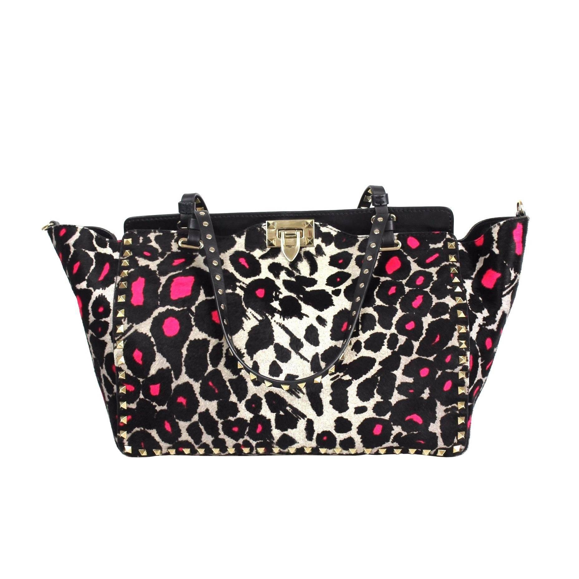 Valentino Pink Leopard Print Calf Hair Cavalino Rockstud Multicolor Tote Bag For Sale