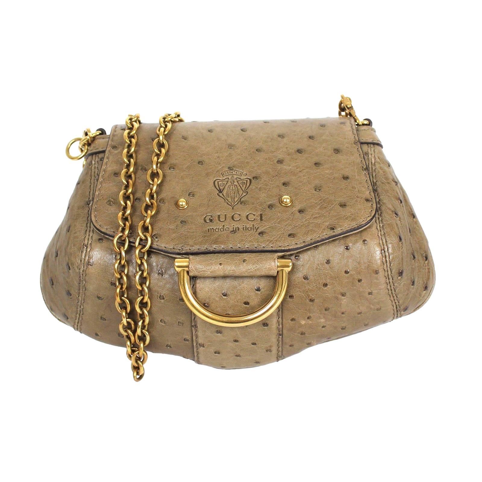 Gucci Olive Green Ostrich Gold HDW Smilla Small Clutch Cross Body Bag For Sale