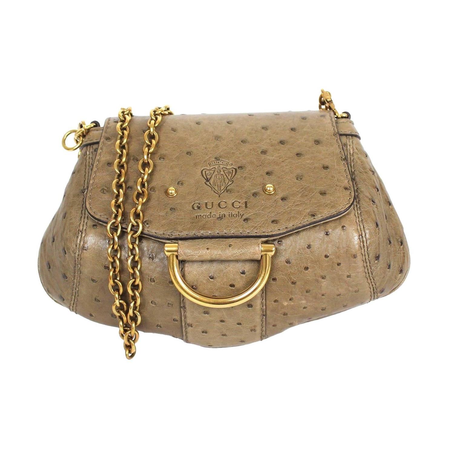 Gucci Olive Green Ostrich Gold HDW Smilla Small Clutch Cross Body Bag For Sale at 1stdibs